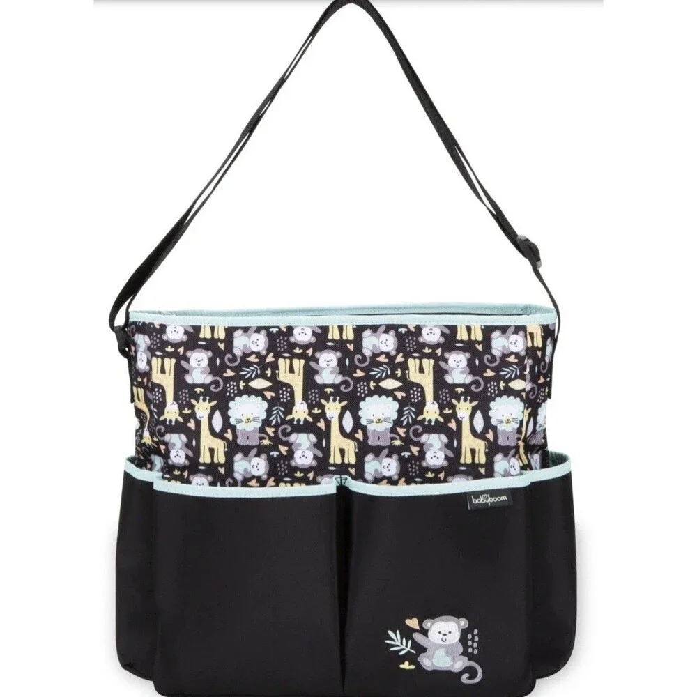Baby Boom Diaper Bag Tote Giraffes, Monkey, Lion Print Brown w/ Changing Pad NEW
